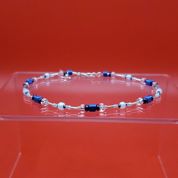 9 Inch 925 Sterling Silver Blue Beaded Cross Charm Ankle Bracelet - Picture 1 of 7